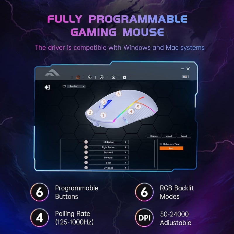 FFJ Wireless Gaming Mouse, 24000 DPI, Tri-Mode 2.4G/USB-C/Bluetooth 5.3 Gaming Mouse Wireless, RGB Programmable Mouse Gamer, 75Hrs Battery Life, Rechargeable Gaming Mice for PC, Mac, PS5, Xbox - White - Image 4